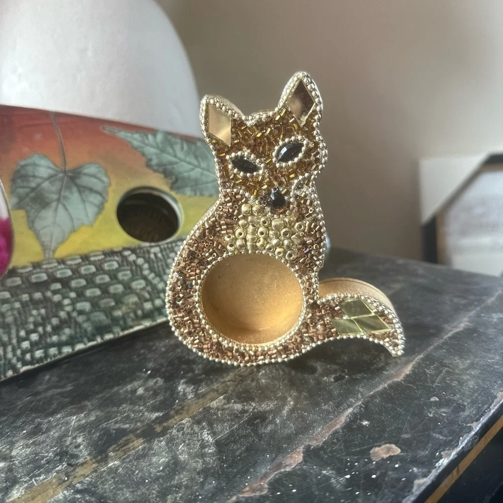 Pier 1 Gold Beaded Fox Candle Holder